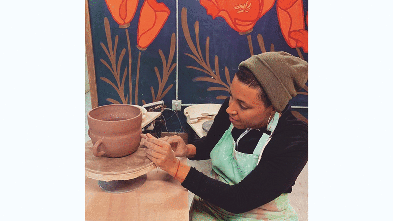 Images of artist Isissa Komada-John, her ceramics and paintings